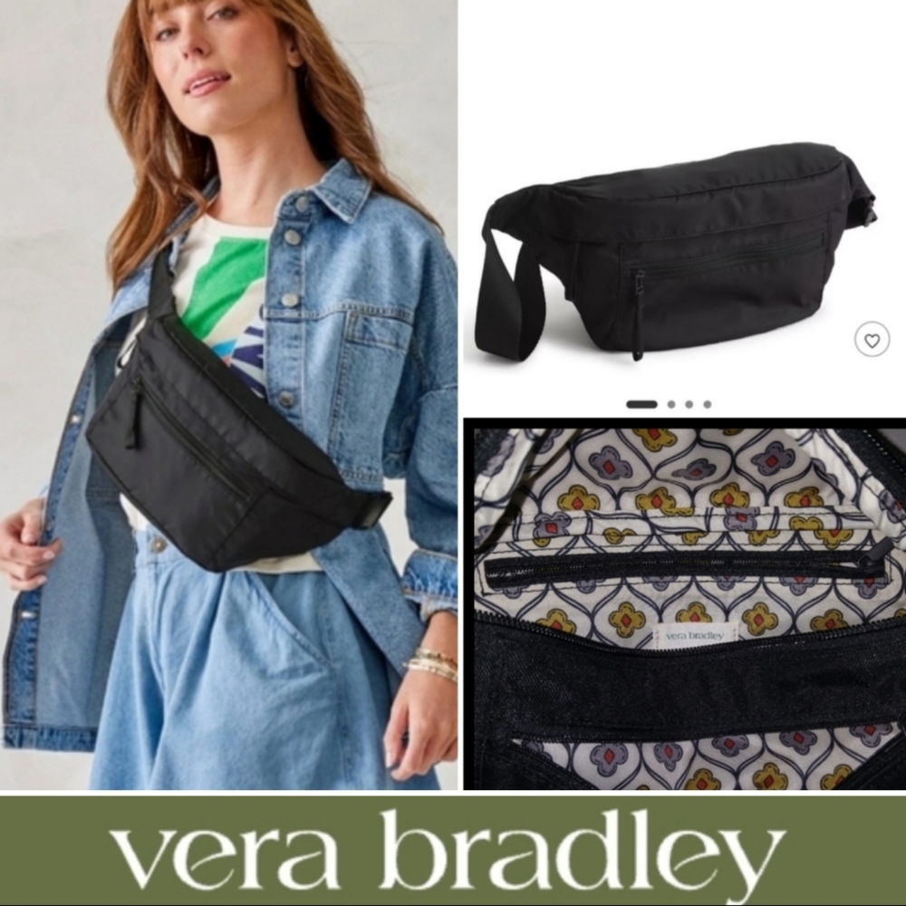 NWT Vera Bradley Large Black Waist / Belt Bag Fanny Pack Floral interior